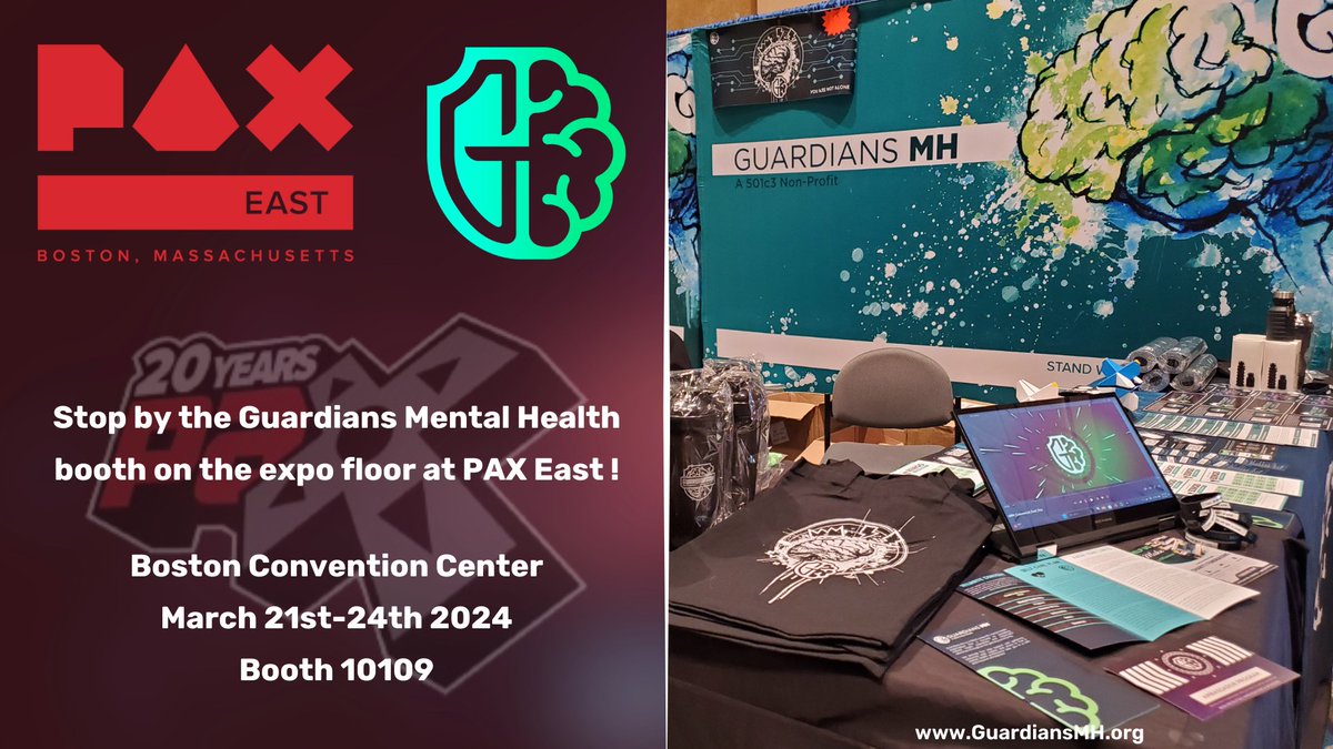 🎮 Heading to #PAXEast next weekend? Don’t miss the @GuardiansMH booth! Stop by and grab your free mental health kit, explore our app, and join the conversation. Let’s game better together! #GuardiansMH #MentalHealthMatters #PAXeast2024