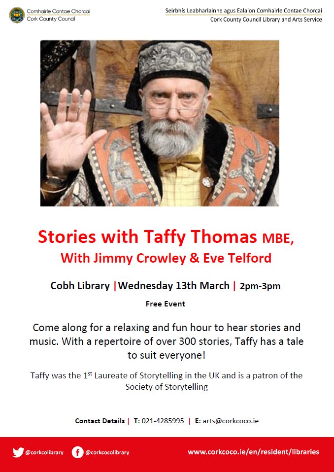 Cobh Library has a fantastic storytelling event tomorrow at 2pm. Welsh storyteller Taffy Thomas MBE and our own Maria Gillen are holding a spell of storytelling! They will be joined by Jimmy Crowley and Eve Telford for a few tunes. @CorkCountyArts @CobhNews @CobhEdition
