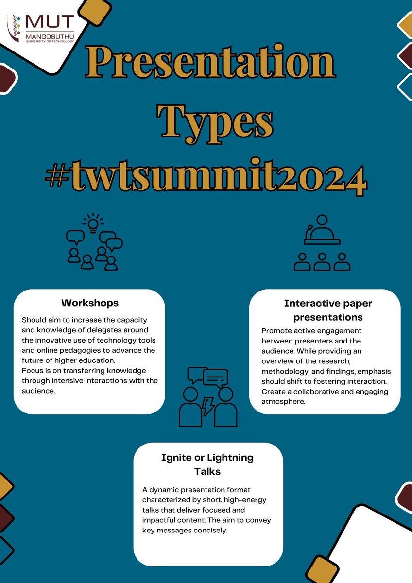 To foster maximum interaction and engagement, steering clear of the conventional conference format, preference will be given to the following types of submissions. 
Register here: forms.office.com/r/a4zcQfcZti

#twtsummit2024 #ArtificialIntelligence #HigherEducation #MUT #TLDC