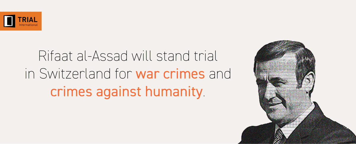 Trial's tweet image. 🚨 BREAKING: Former Syrian Vice President Rifaat al-Assad will stand trial in Switzerland. He has been charged with #warcrimes and #crimesagainsthumanity. For more information 👇 trialinternational.org/latest-post/fo…