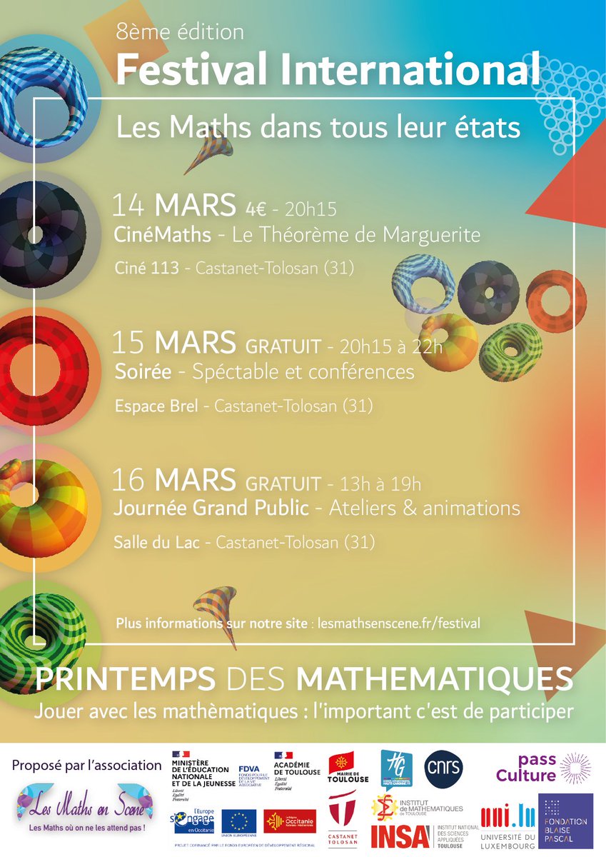 Nalini Anantharaman and Hugo-Duminil Copin will be at the 8th 'Printemps des Mathématiques' Festival in Castanet-Tolosan, near Toulouse on March 15, 2024 ! lesmathsenscene.fr/festival/festi… @LesMathsEnScene