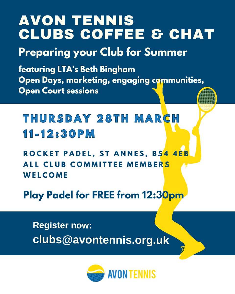 Hey Clubs, the next Clubs Coffee and Chat is Thurs28th March, 11-12:30 & play Padel for Free. Discussions: prep' your club for summer featuring LTA's Beth Bingham & chatting Open Days, marketing, engaging communities. Email: clubs@avontennis.org./uk to register