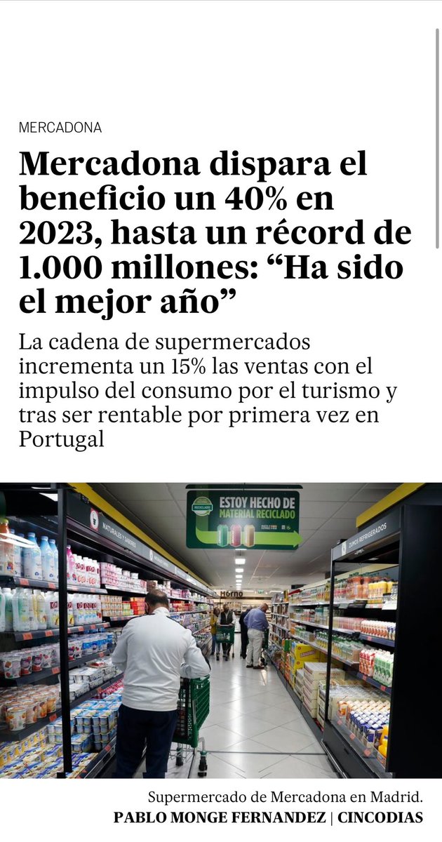 Mercadona dispara sus precios en un 40% el último año 

Esta es la manera en la que titularía el artículo, ya que gracias a la aportación de la gente que raramente tiene la costumbre de comer diariamente , el supermercado ha obtenido estos beneficios. #Mercadona #felizmartes