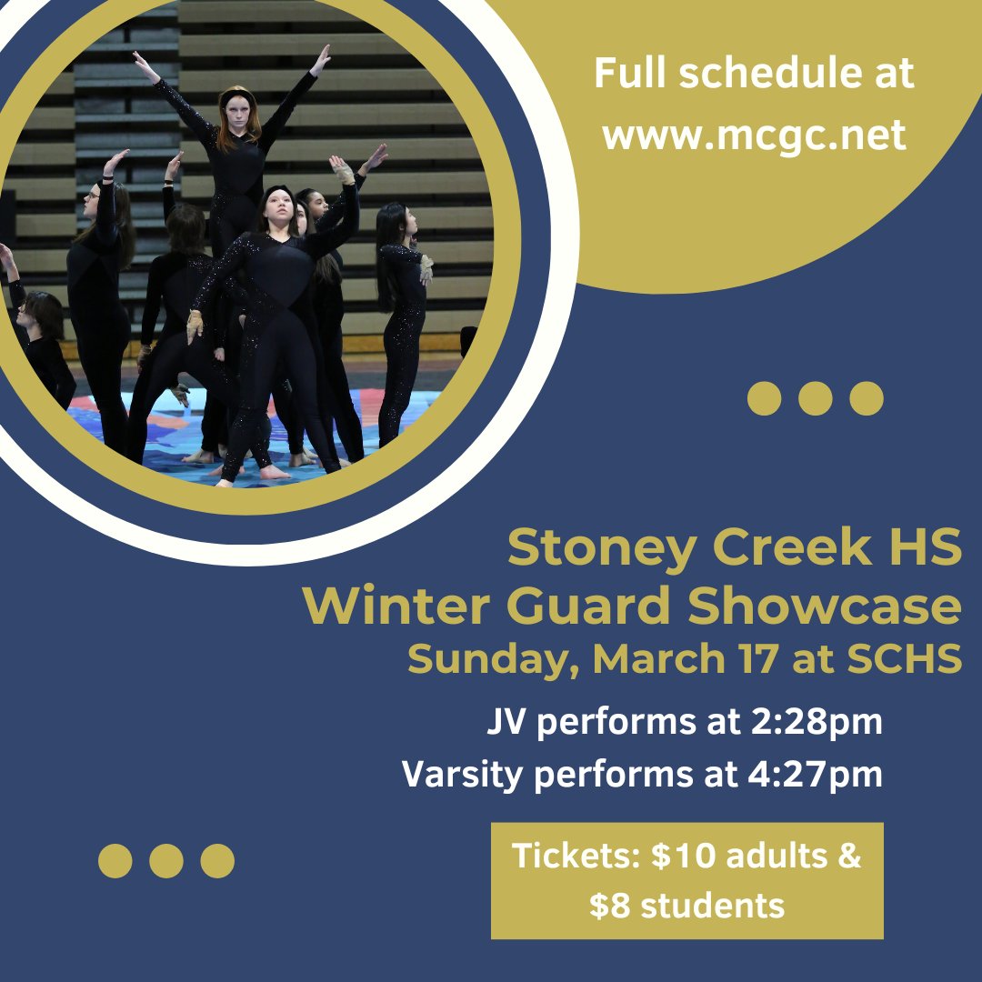 We're hosting 43 teams for our annual MCGC Winter Guard Competition at Stoney Creek HS on Sunday! Come out and support the JV and Varsity teams! We would love to see you there! <a href="/WeAreSCHS/">Stoney Creek High School</a> <a href="/RHSFalcons/">Rochester High School</a> <a href="/AHSHighlanders/">Adams High</a> <a href="/rochcommschools/">Rochester Community Schools</a> <a href="/SCHSBands/">Stoney Creek HS Bands</a>