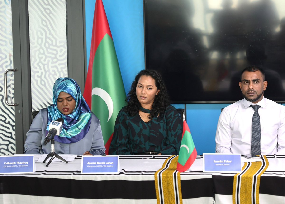 A post-ITB press briefing was held today at MMPRC. Minister Faisal, Advisor Khaleel, Chairperson Nurain, MD Fathimath and State Minister Nazim addressed the media on the experience of ITB and future strategies to improve destination marketing and promotion.