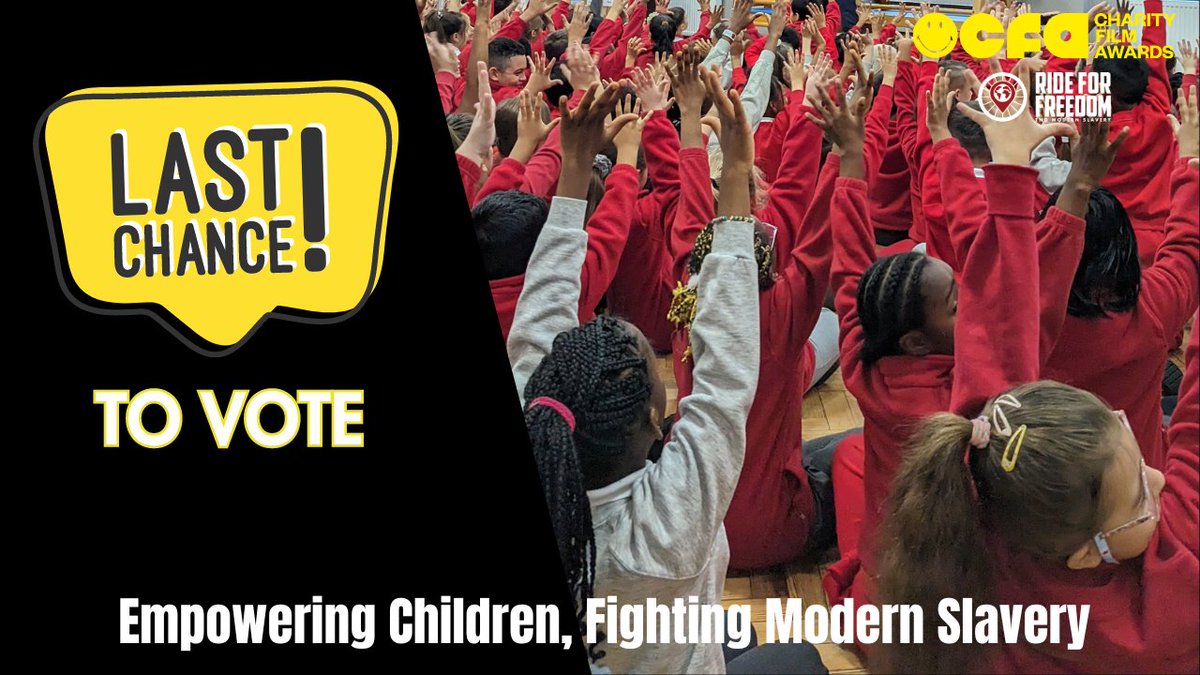 RideForFreedom2's tweet image. 𝟏𝟐 𝐡𝐫𝐬 𝐥𝐞𝐟𝐭 𝐭𝐨 𝐯𝐨𝐭𝐞 𝐟𝐨𝐫 #𝐑𝐢𝐝𝐞𝐅𝐨𝐫𝐅𝐫𝐞𝐞𝐝𝐨𝐦 and our impactful film on our Schools Programme, &apos;Modern Slavery Awareness Day&apos; for the @SmileyCFA People&apos;s Choice Award.

Vote for us here to show your support -tinyurl.com/mrykdpjk