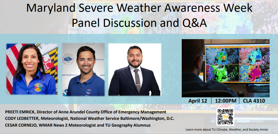 Excited to host local experts for @TowsonU Geography's Severe Weather Awareness Week. All welcome. #mdwx #emtwitter #Baltimore