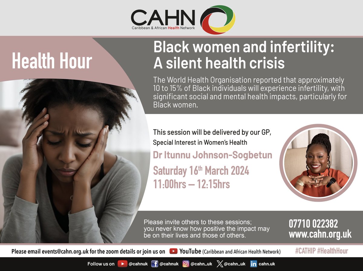 Infertility amongst Black Women is a silent health crisis. 10% to 15% of Black people will experience infertility. Don't miss out on this opportunity to gain knowledge and ask question to Dr. Johnson-Sogbetun this Saturday at 11AM! Sign up now: portal.cahn.org.uk/healthhour