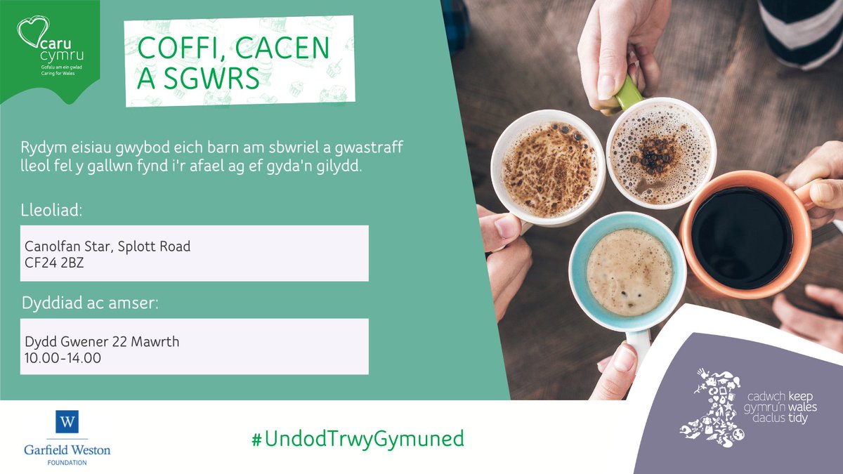 🌍 Ymunwch â ni yn ein ‘Cinio Gwrando’ gyda Sefydliad Garfield Weston

🍽️ Dewch i ni siarad am faterion sbwriel a gwastraff. Mae eich safbwynt yn bwysig! 

Cofiwch y dyddiad a byddwch yn rhan o’r newid. Gyda’n gilydd, rydym yn creu cymuned lanach, wyrddach. #UndodTrwyGymuned