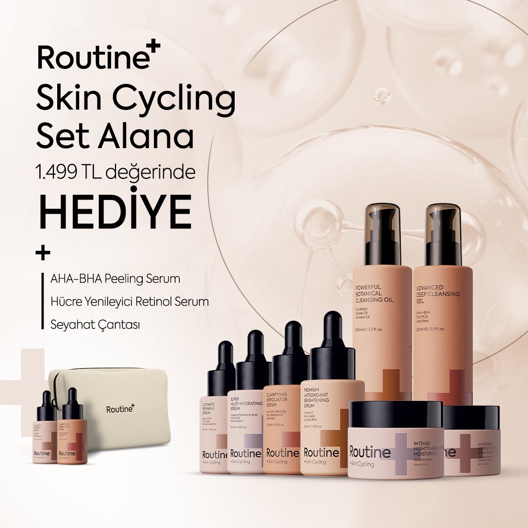 RoutinePlus's tweet image. ✨ Routine+ Skin Cycling Set ile cilt bakımınızı bir üst seviyeye taşıyın! ✨
🌿 1.499 TL değerinde hediye seti kaçırmayın:
▪️ AHA-BHA Peeling Serum
▪️ Hücre Yenileyici Retinol Serum
▪️ Şık Seyahat Çantası
Cildinizi yenileyin ve günlük bakımınıza zenginlik katın. #CiltBakımı…