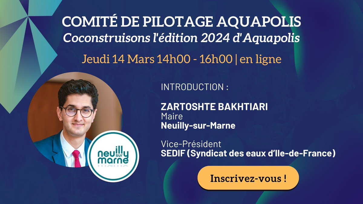 [#Aquapolis] Vous êtes engagés pour la protection de la ressource en eau ? 💧

Ce jeudi 14 mars, Aquapolis tient son comité de pilotage rassemblant partenaires &amp; acteurs engagés pour définir la ligne éditoriale d'Aquapolis Expo.

➡️ Avec <a href="/Zart_b/">Zartoshte BAKHTIARI</a>, maire de <a href="/neuilly_marne/">Ville de Neuilly-sur-Marne</a> et