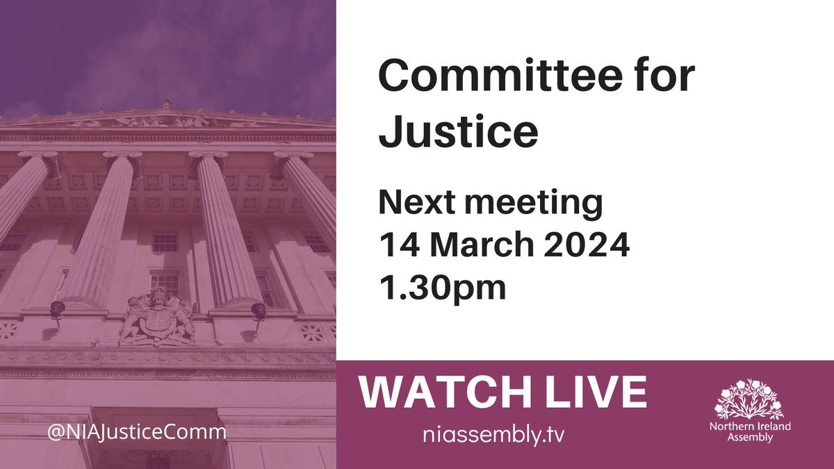 This Thursday the Committee for Justice will hear evidence from the: 🟣Probation Board for Northern Ireland 🟣Northern Ireland Courts and Tribunals Service 🗓️14 March 2024 📺Watch live - niassembly.tv 📃Agenda - aims.niassembly.gov.uk/assemblybusine… @niassembly @PBNINews