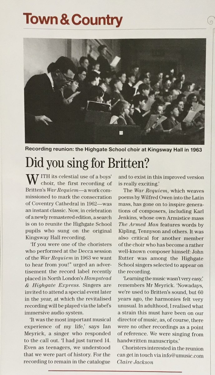 Just been sent a clipping from Country Life: there's a search to reunite Highgate School pupils who sang on the first recording of Britten's War Requiem. Contact the record label at info@umusic.com if you did, or have leads.... and feel free to retweet this, of course.