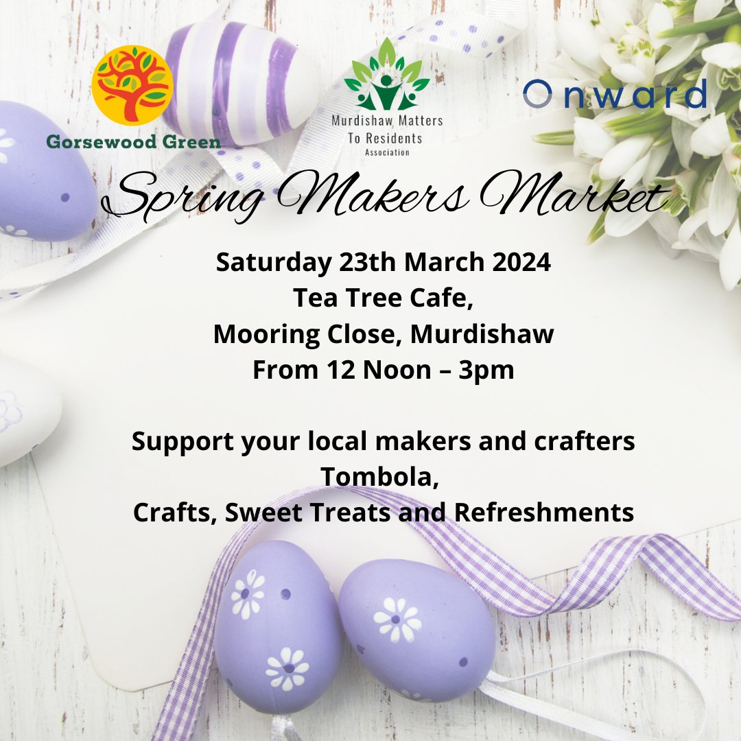 We're having a Spring Makers Market in #Murdishaw! Join us on Saturday 23rd March from 12 noon until 3pm for an array of handmade items, crafts, sweet treats and more💐🧁🎨 We hope to see you there! More details below 👇