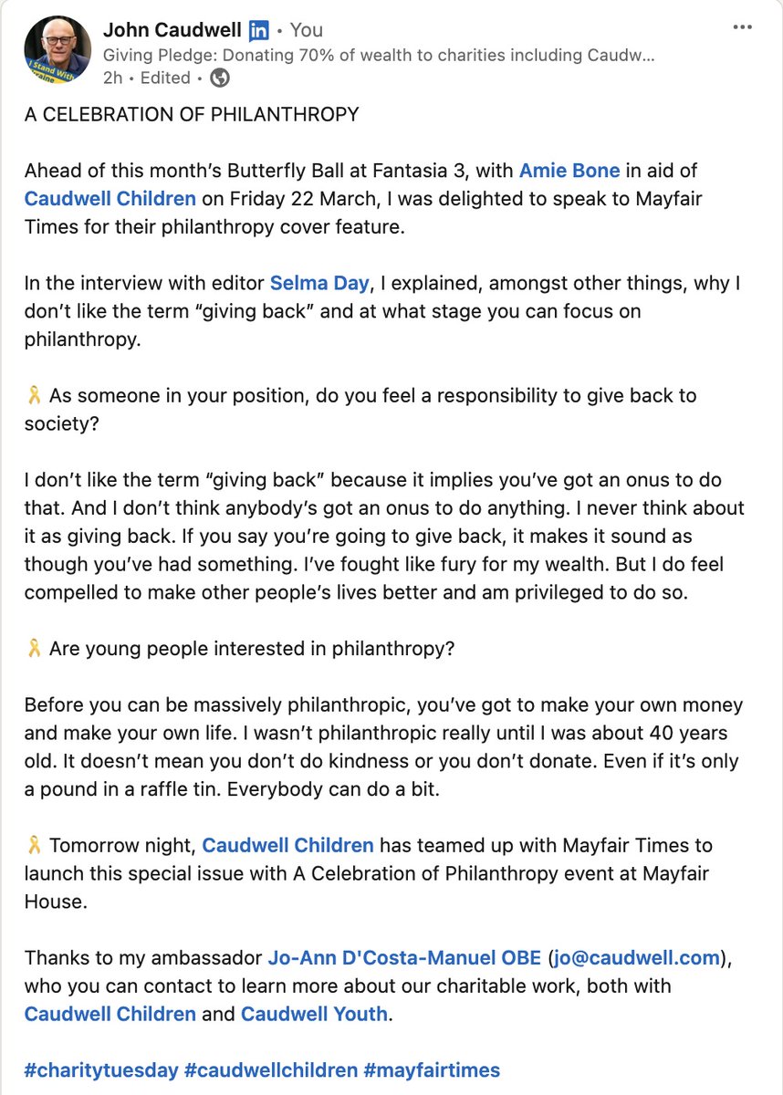 Ahead of Butterfly Ball at Fantasia 3, with @AmieBoneFlowers in aid of @caudwellkids, I spoke to @MayfairTimes for this feature. Amongst other things covered: 👉 Why I don't like the term 'giving back' 👉 When to start your philanthropy linkedin.com/feed/update/ur… #CharityTuesday