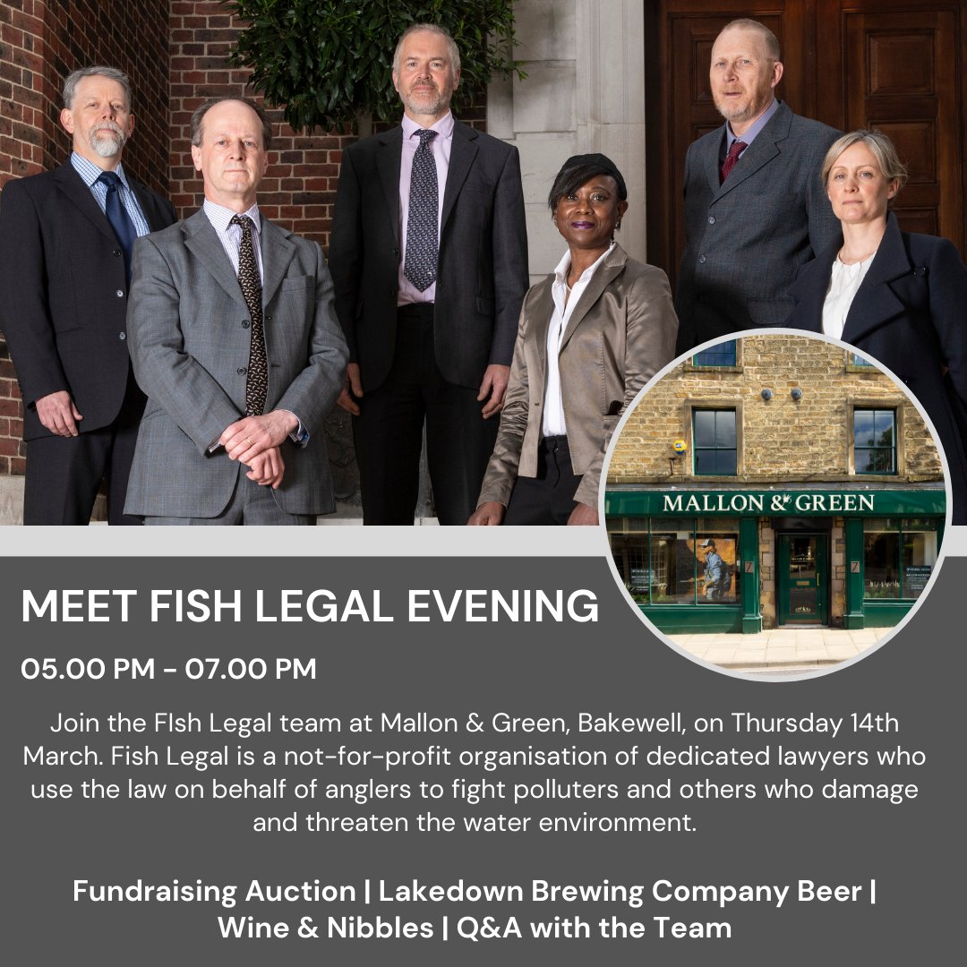 Here's your chance to meet the Fish Legal team and hear about their work on behalf of anglers, clubs and fisheries to fight polluters and others who threaten our waters. Mallon & Green, 7 King Street, Bakewell, DE45 1DZ this Thursday from 5pm - 7pm. 

#FishLegal #protectourwaters