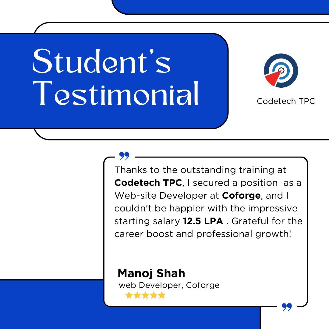 Codetechtpc's tweet image. Congratulations on your placement in a top MNC through CodeTech&apos;s guaranteed program! Your hard work and dedication have paid off. Keep excelling in your career. Good luck on this new chapter!

#coforage #hiring #mnc #punejobseekers