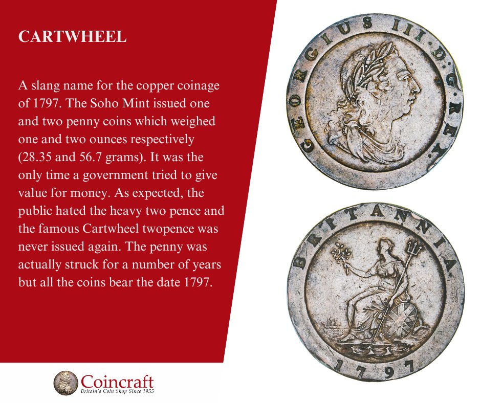 This week in numismatics, we're diving into 'Cartwheel' The Soho Mint issued copper coins in 1797. Pictured: George III (1760 - 1820), Twopence (Cartwheel) 1797 Very Fine coincraft.com/george-iii-two… #numismatics #coincollecting #britishcoins #coins #coincollection #historylesson