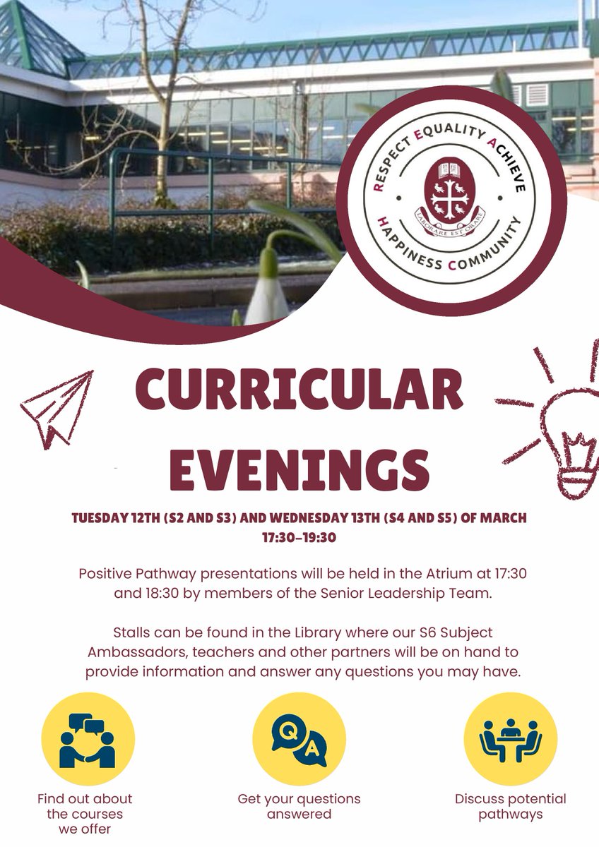 Please find attached information regarding the curricular evenings being held tonight and tomorrow night at St. Margaret's Academy. We look forward to welcoming you all to the school.