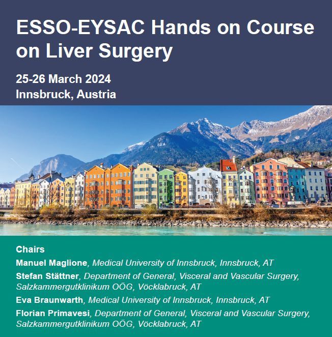 Attention #surgicalresidents and #youngsurgeons! Don't miss the opportunity to elevate your skills in #liversurgery. Join us for the ESSO @EYSAC1 Hands-on Course on Liver Surgery. Register now! 📅 March 25-26, 2024 📍 Medical University of Innsbruck 🔗 buff.ly/3TcHCVo