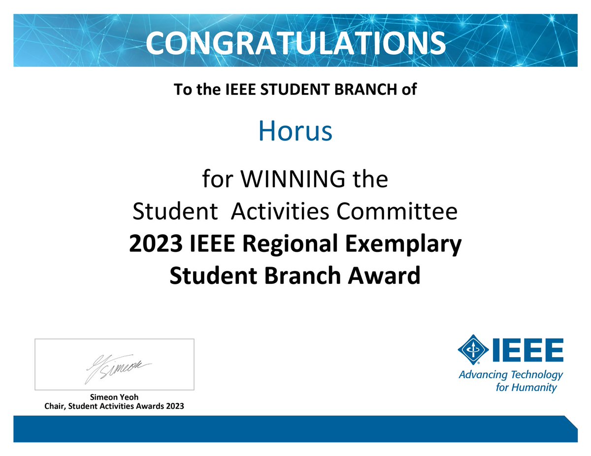 We're thrilled to announce that IEEE Horus Student Branch has been honored with the prestigious IEEE Regional Exemplary Student Branch Award for 2023 🏆♥️.