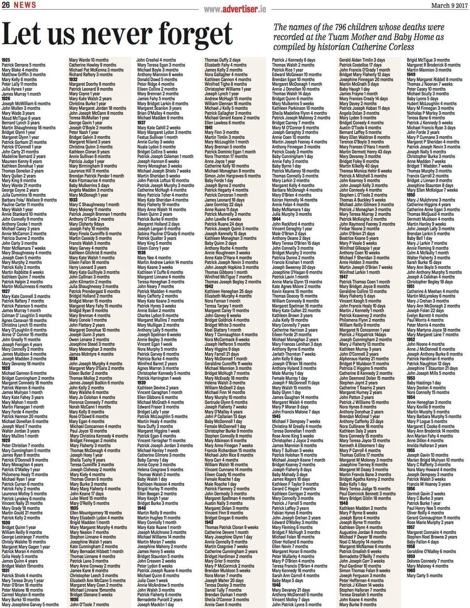 The names of the 796 children whose deaths were recorded at the Tuam Mother and Baby Homes as compiled by historian Catherine Corless, seven years ago and published in @GalwayAdvert 
#tuambabies #motherandbabyhomes #magdalenlaundries #NeverForget #SayTheirNames