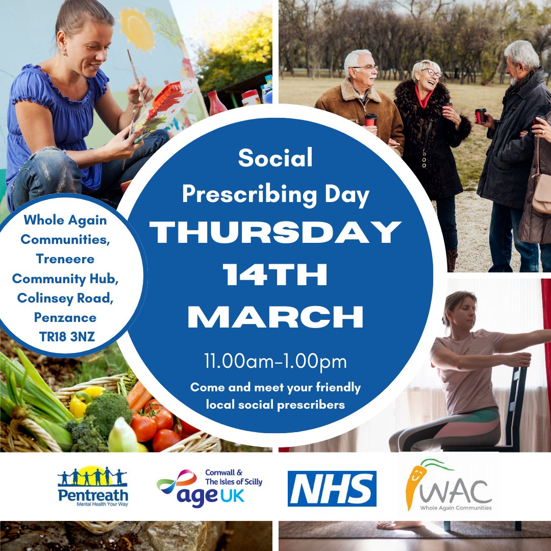 AgeUKCornwall's tweet photo. This Thursday, Social Prescribing Day at Whole Again Communities, Treneere Community Hub, #penzance
#SocialPrescribingDay #cornwallsupport #everyonewelcome https://t.co/GkAw7BS9RS