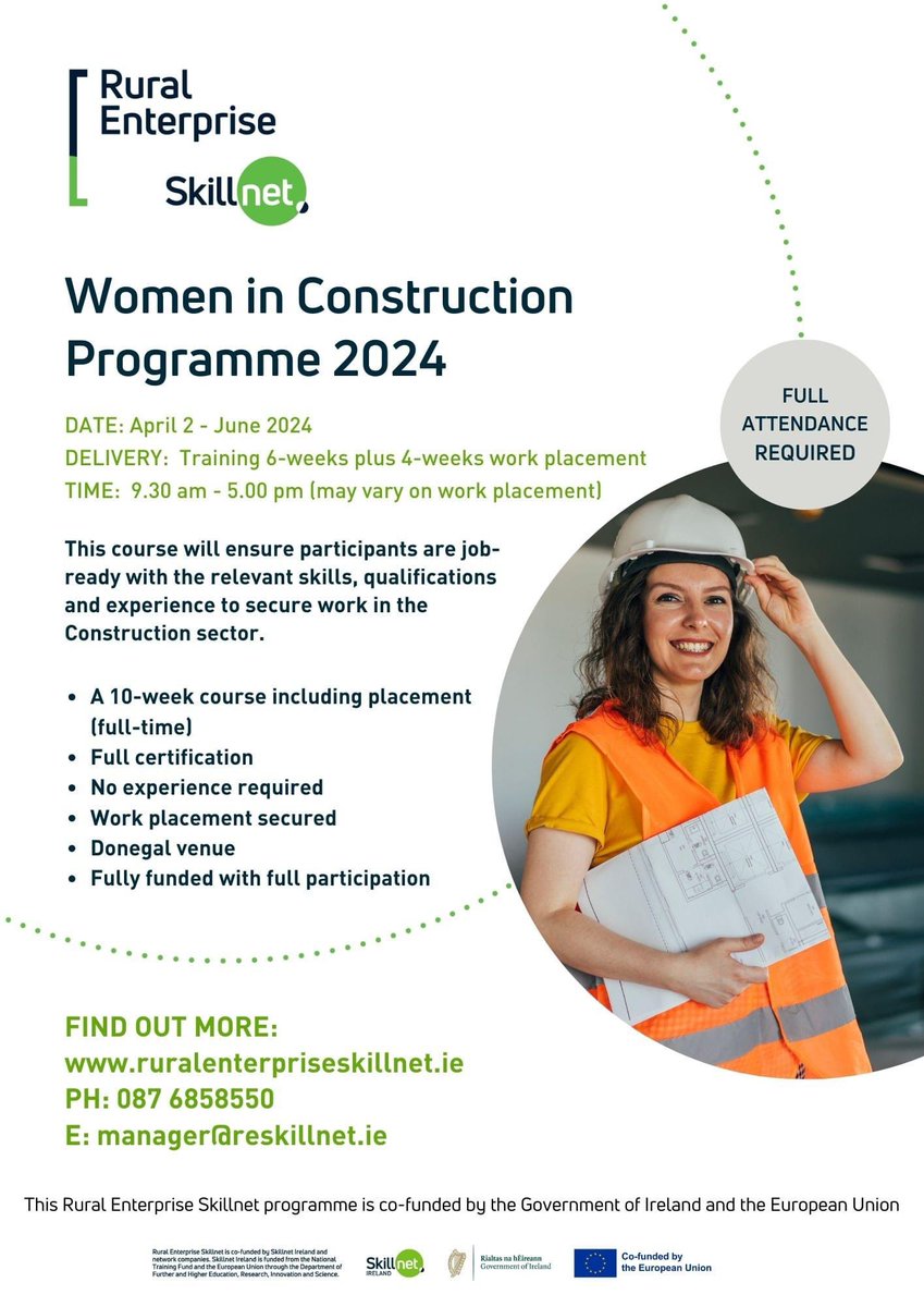 Are you currently unemployed &amp; looking for a new career?

Excellent opportunity for women looking to make the move into the construction industry, giving them the skills to hit the ground running and be job-ready with certification. 

ruralenterpriseskillnet.ie/training-progr…

#womeninconstruction