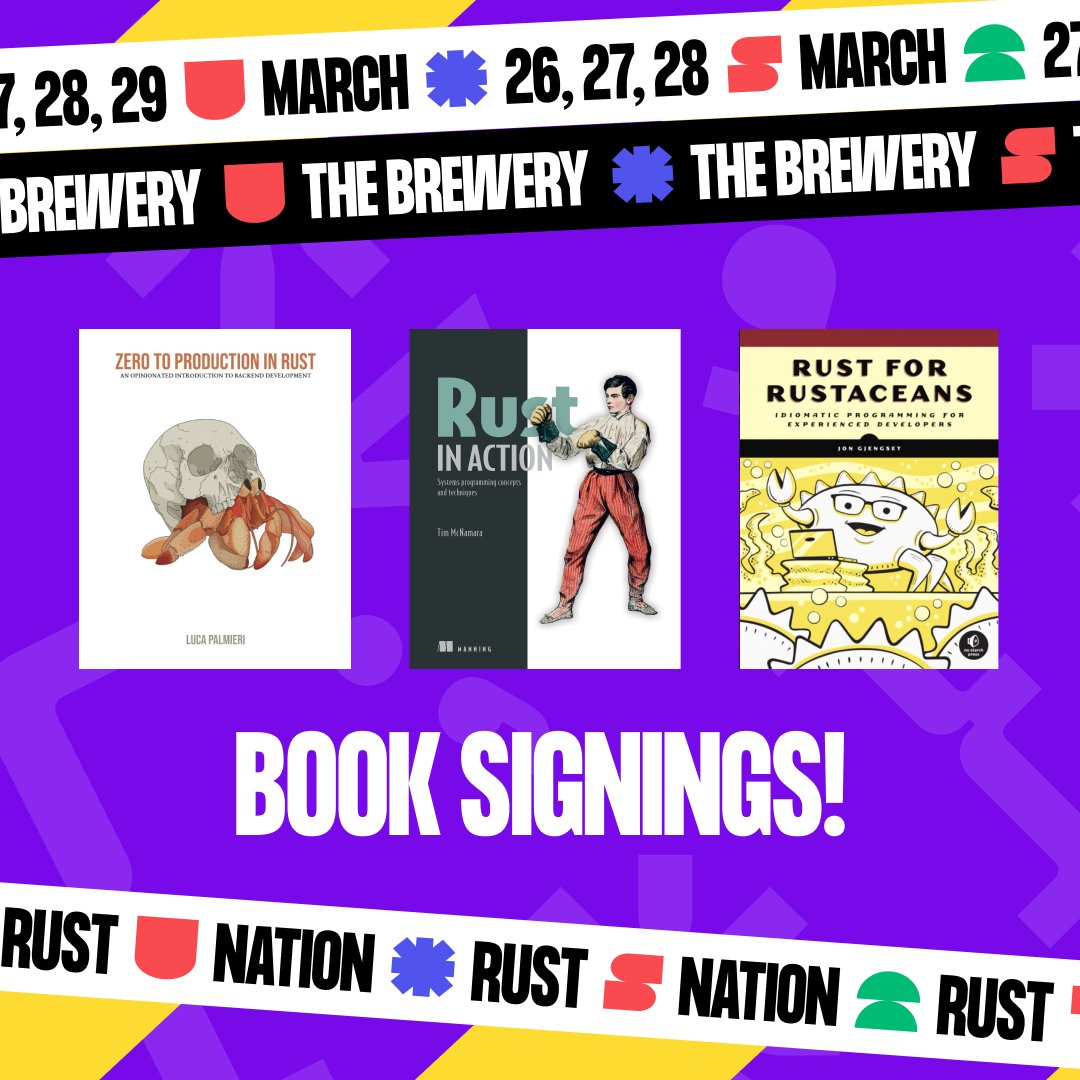 We're thrilled to share three book signings for Rust Nation UK 2024. We have signings lined up with @timClicks, @algo_luca, and @jonhoo. All of the signings will take place during the conference and everyone is welcome to join. Please bring your own copies along and get them…