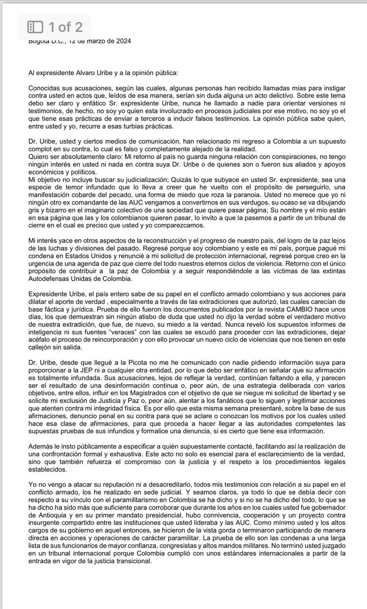 DCoronell's tweet photo. #ElReporteCoronell carta de Salvatore Mancuso al señor expresidente @AlvaroUribeVel https://t.co/AV6un7l26O