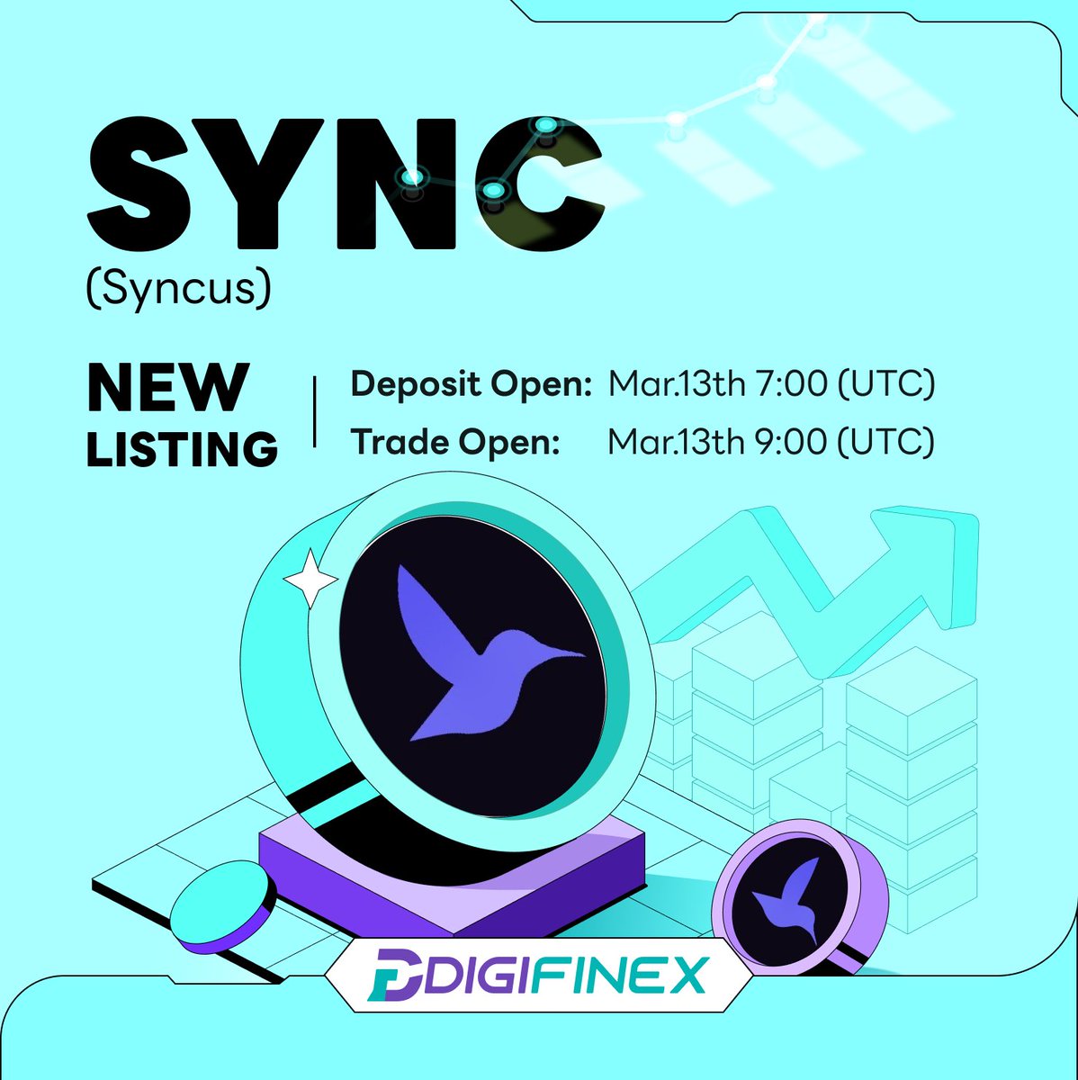 🆕 Spot New Listing $SYNC 📈#DigiFinex will open deposit: Mar. 13th 2024 7:00(UTC) @Syncus_Fi 👉Trade $SYNC on #Digifinex, One Step Faster! Trading Link: tinyurl.com/yc66e59e Listing Info: tinyurl.com/ny2wrc74