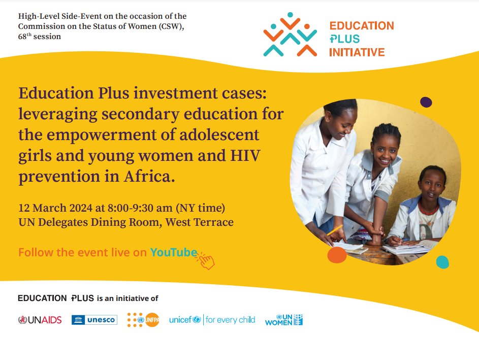 Happening now! Join us #CSW68 #InvestInWomen
youtube.com/watch?v=FqIprT…

Education is a key pathway to preventing HIV in adolescent girls and young women in Africa.

7 out of 10 young women in the region lack adequate HIV prevention knowledge. These realities are unacceptable!