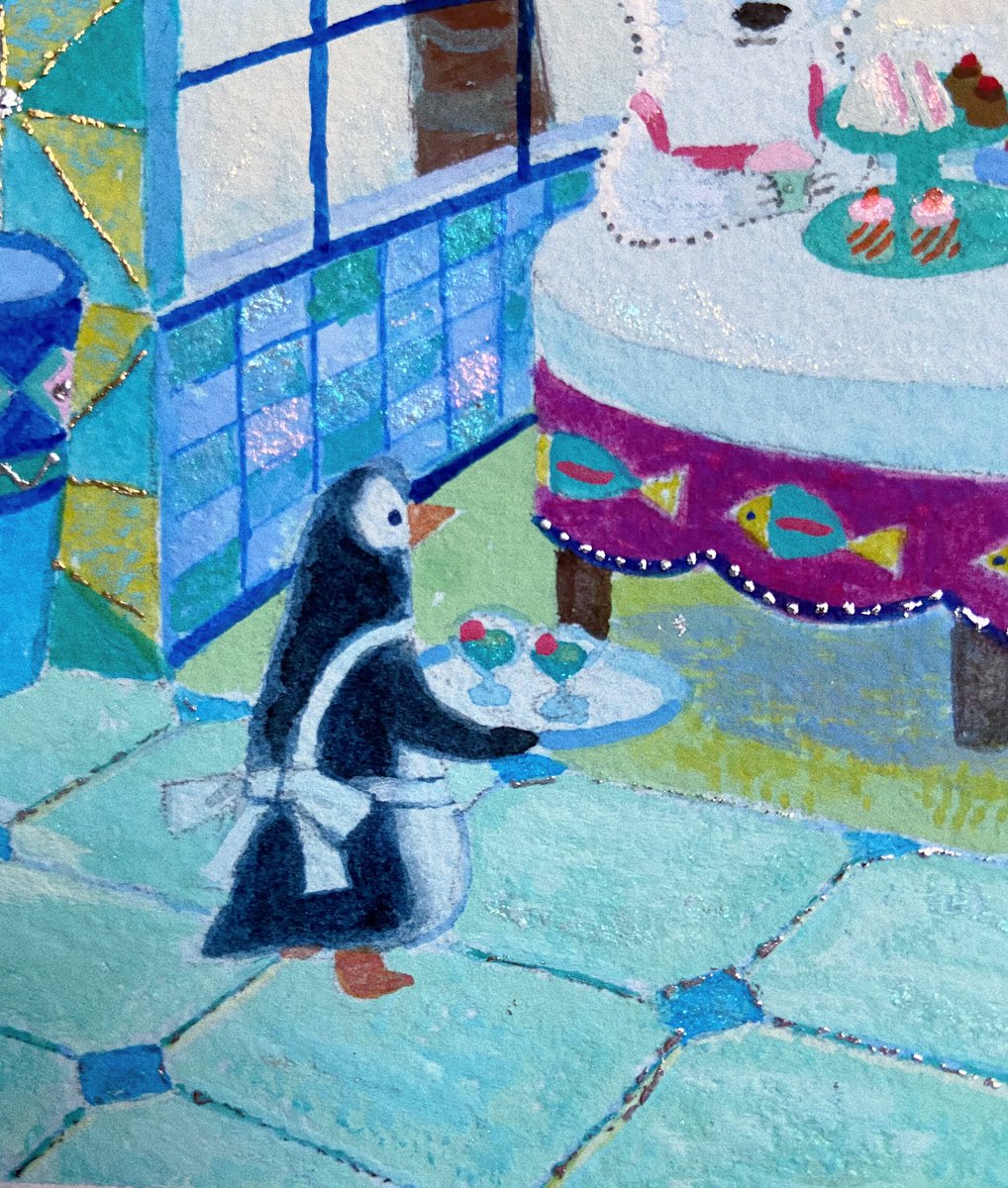 penguin no humans painting (medium) bird watercolor (medium) apron traditional media  illustration images