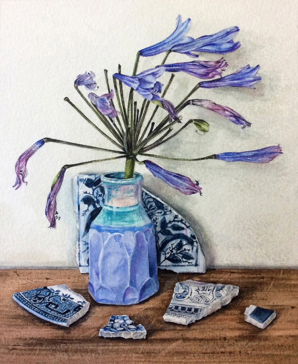 ‘Blue Fragments’#watercolour is 1 of 3 #paintings I’m #exhibiting in the 103rd Annual #Exhibition of @SGFADrawing @mallgalleries until 16 March #watercolourpainting #stilllife #agapanthus #flowerpainting #bluefragments #figurativeart #clairesparkes #narrative #mythology #artwork