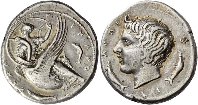 Camarina. Didrachm circa 405, AR 8.67 g. KAMA – P – INAIO – N The nymph Camarina, with head l., dressed in low-necked chiton leaving the breast partly bare and with crossed legs, riding on swan l. over curved waves. She clasps with l. hand the swan’s neck while r. holds billowing