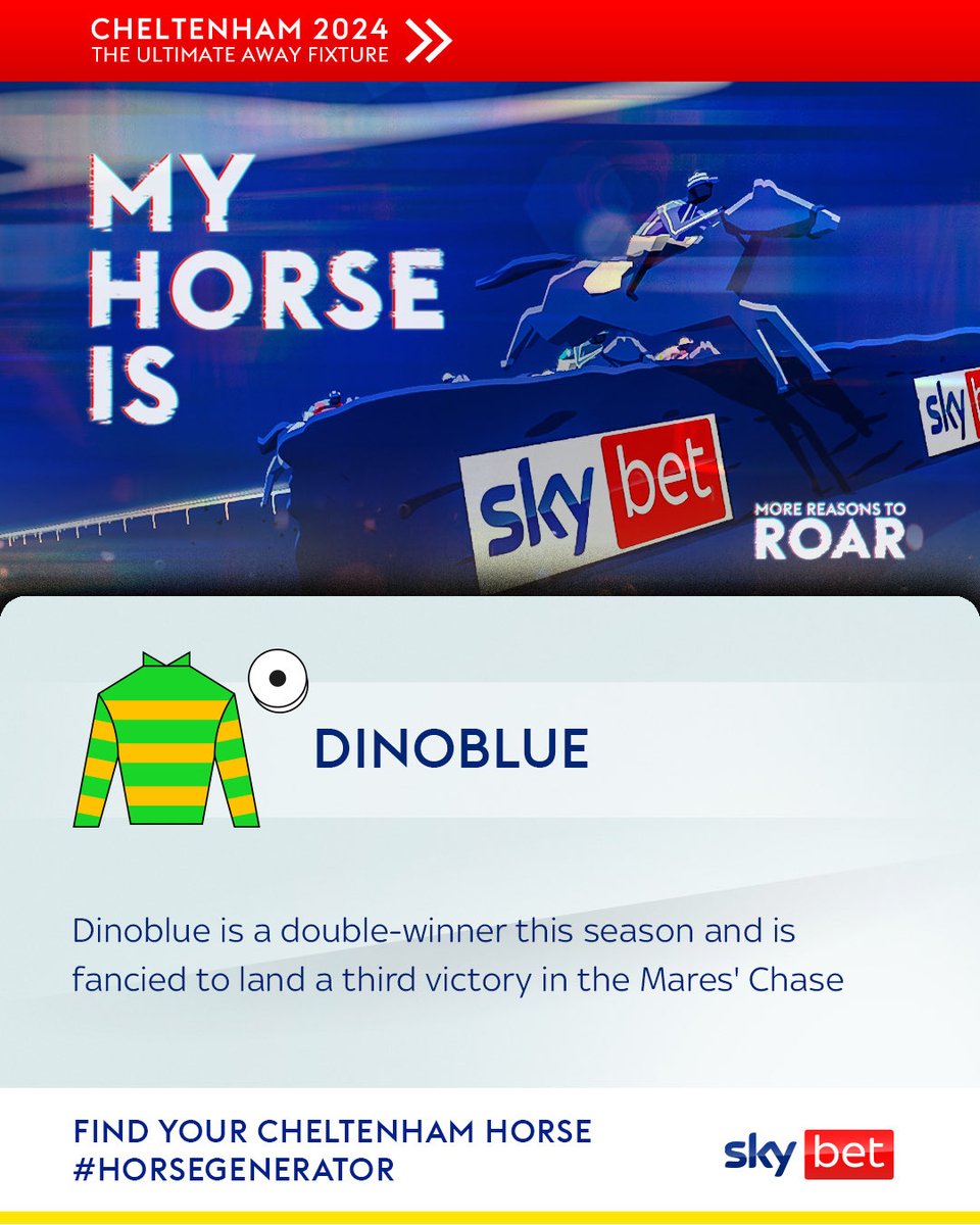 smudgersmith23's tweet photo. I just found my horse for Cheltenham on the @SkyBet #HorseGenerator! Answer 5 questions about your football club &amp; find your horse at https://t.co/61NHSY3Ezp https://t.co/gvJjlltZmC