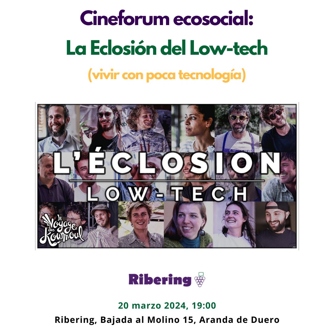 20 marzo, 19h, #CineforumEcosocial: 'La Eclosión del #Lowtech' sobre la explosión de las formas de vida con poca tecnología (low-tech). ¿Podemos vivir con poca #tecnología? ¿Cubriríamos nuestras necesidades reales? ¿Seríamos más #felices?
INSCRIPCIONES; ribering.es/cineforum-ecos…