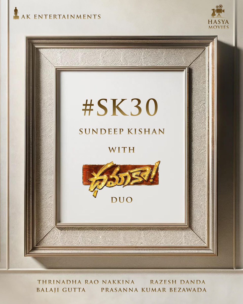 #SundeepKishan teams up with the Blockbuster Dhamaka Duo #TrinadhaRaoNakkina and #PrasannaKumarBezawada for @AkentsOfficial & @HasyaMovies Production NO-3 ❤️‍🔥

 @SundeepKishan #SK30 💥