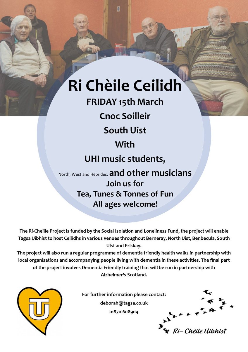 Cnoc Soilleir is hosting the next @TagsaUibhist Ri Chèile Ceilidh on Friday 15th March from 2pm to 4pm. Our own @UHIOuterHebridesMusic students will be playing. @UHINWH @Ceolas_Uibhist #TagsaUibhist #Music #Ceilidh