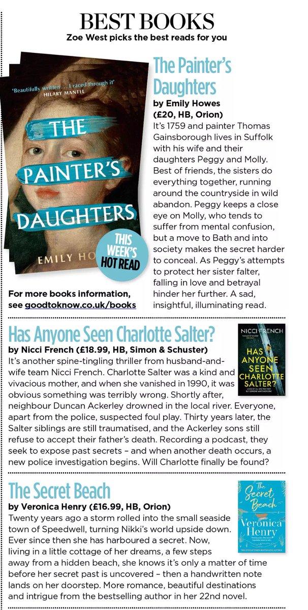1/2 Three great books for your TBR pile. All recommended by lovely @zoeannewest @WomanMagazine Has Anyone Seen Charlotte Slater by @FrenchNicci Published by @simonschusterUK The Painter’s Daughter by @EmilyHthinks Published by @orionbooks