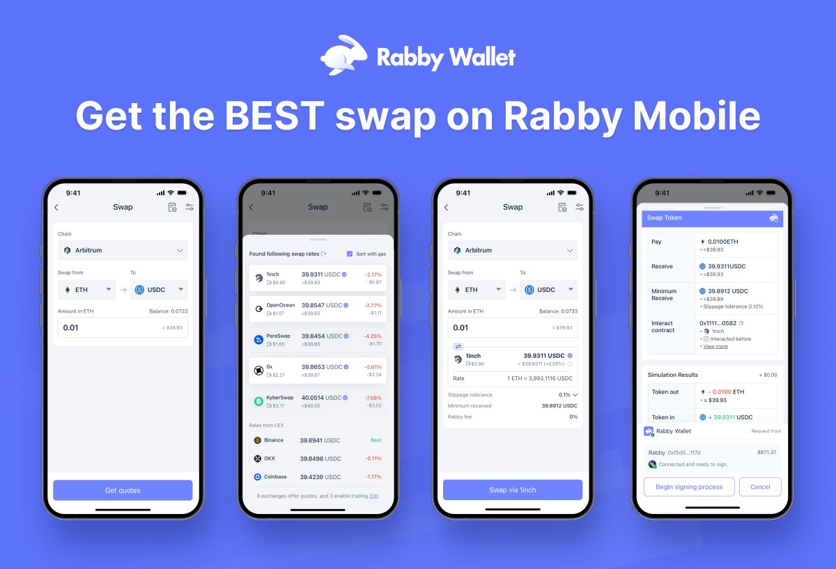 Swap with confidence anytime, anywhere, on Rabby Mobile 🔎Find the best rates from top exchanges 🔄Compare rates across centralized exchanges ✅See what you sign, preview your swap 🚨Get real-time security alerts, like high price diffs Download NOW👉 rabby.io/?platform=mobi…