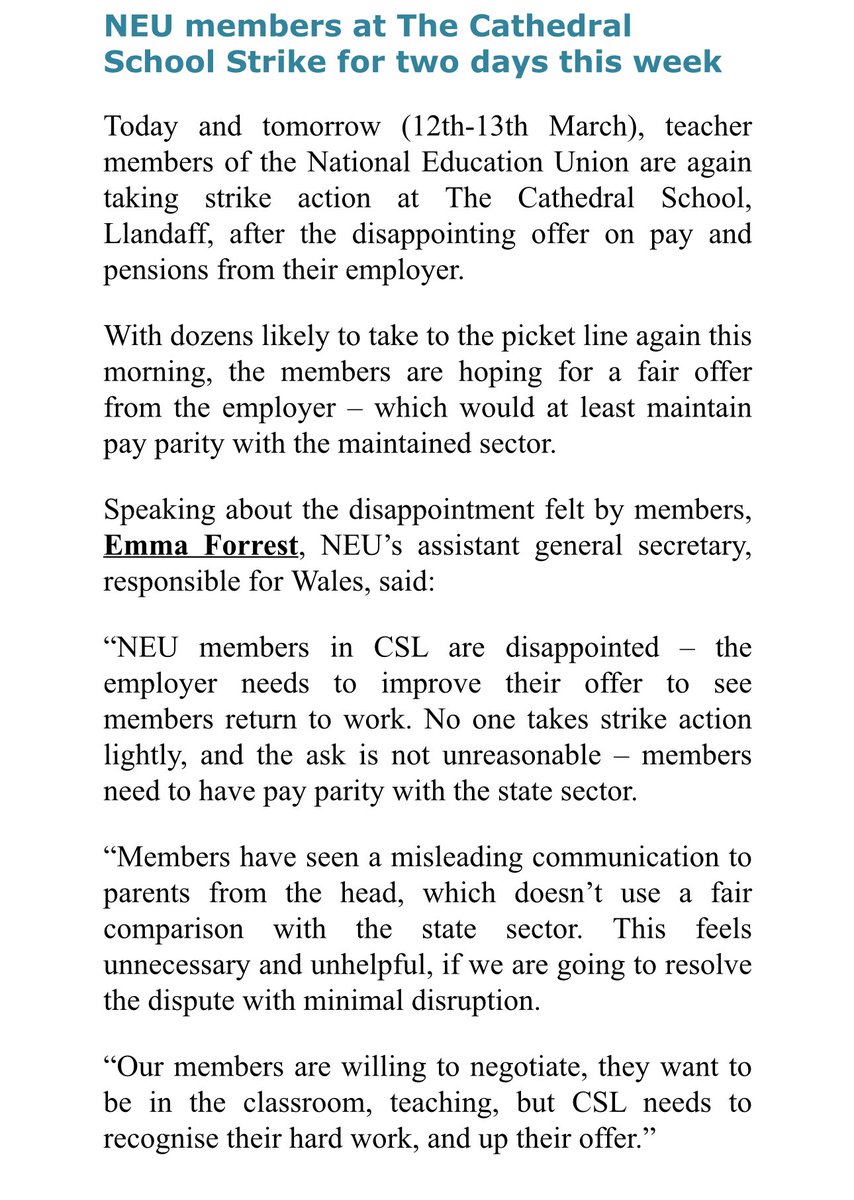 If you’re driving past Cathedral School. Please give our members a toot/wave and show your support.

They’ve been treated appallingly by the School.

<a href="/NEUCymruOrg/">NEU Cymru Organisers</a> <a href="/NEUCymru/">NEU Cymru</a> <a href="/DanielKebedeNEU/">Daniel Kebede</a> <a href="/BBCWalesNews/">BBC Wales News</a> <a href="/WalesOnline/">WalesOnline 🏴󠁧󠁢󠁷󠁬󠁳󠁿</a> <a href="/AbbieWightwick/">Abbie Wightwick</a>