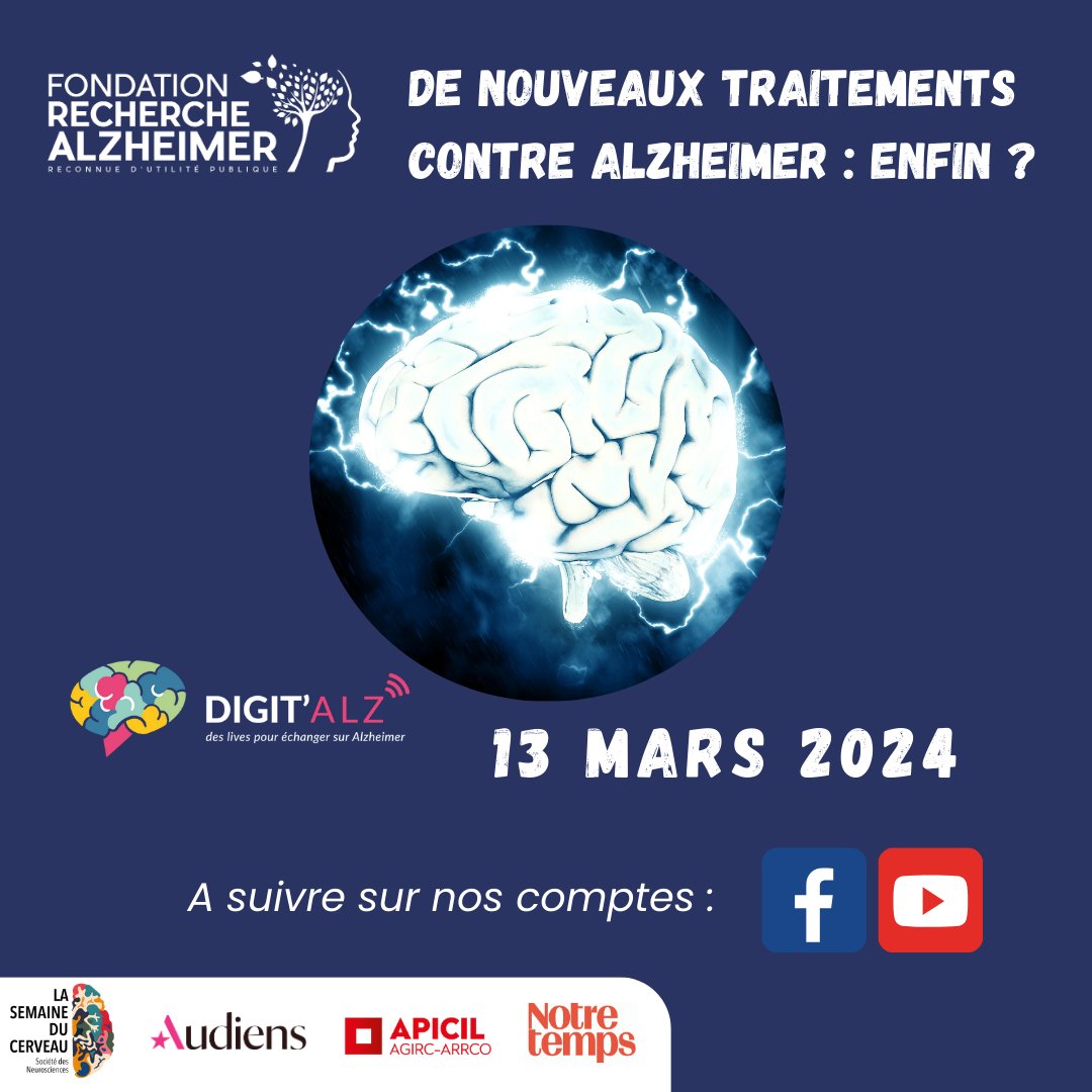 Alzh_Fondation's tweet photo. J-1 Live nouveaux traitements contre #Alzheimer : enfin ?
Organisé dans le cadre de la @Semaine_Cerveau à suivre en direct sur la page Facebook et la chaîne Youtube de la Fondation Recherche Alzheimer. Partenaires @NotreTemps @GroupeAudiens @GroupeAPICIL
#semaineducerveau https://t.co/orSvgHRuPv