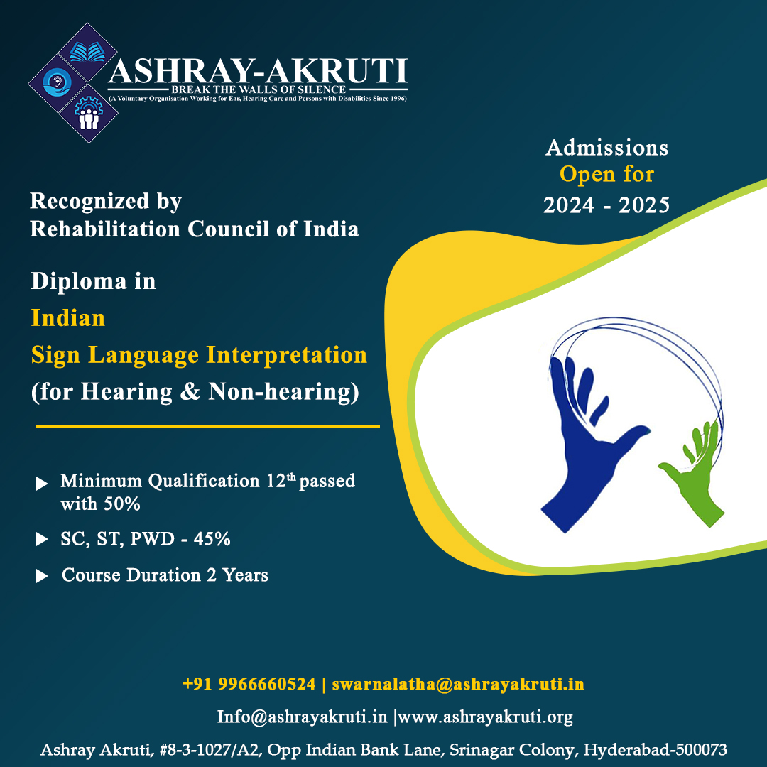 ashrayakruti's tweet image. Dive into the world of Sign Language!Enroll in the Diploma in Indian Sign Language Interpretation, recognized by the Rehabilitation Council of India. Admissions open for 2024-2025.

#AshrayAkruti #AdmissionsOpen #SignLanguageInterpretation