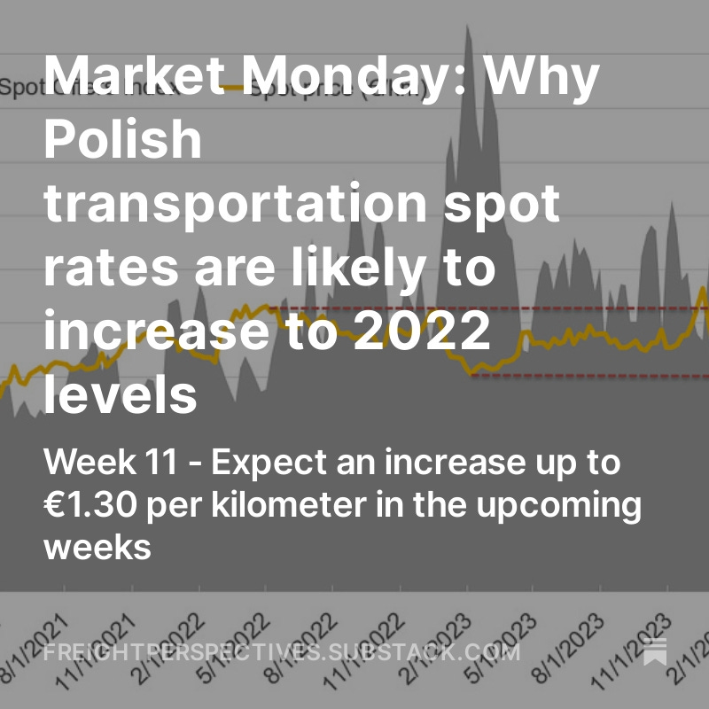 🚛 Curious about the domestic transportation market in #Poland? Our latest analysis dives into #SpotPrices and offers, revealing an interesting trend. Stay informed with our insights on the changing landscape and what to expect in the coming months! 📊 🔗tinyurl.com/5n89wpau
