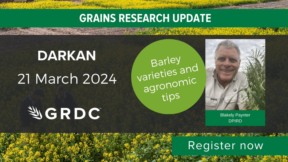The Darkan #GRDCUpdates is on 21 March with the day full of presentations including from <a href="/BlakelyPaynter/">Blakely Paynter</a> <a href="/DPIRDbroadacre/">DPIRD Broadacre - WA Grains & Livestock</a> on barley varieties and agronomic tips. Take a look at the full program and register here grdc.com.au/events/list/20…