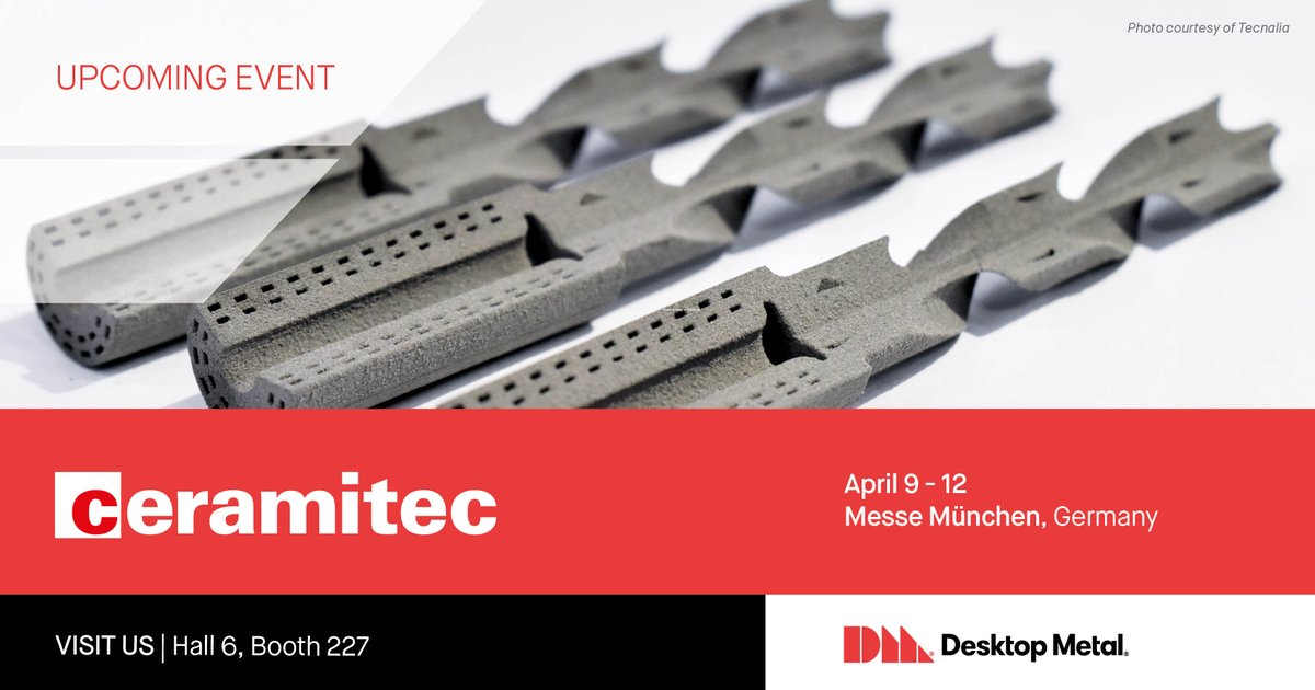 DesktopMetal's tweet image. Are you interested in the latest advancements in #ceramic3dprinting? Join us at #Ceramitec in Munich, Germany to discover how our ceramic #3Dprintingsolutions are transforming the way technical ceramic powders are used in a wide range of applications.