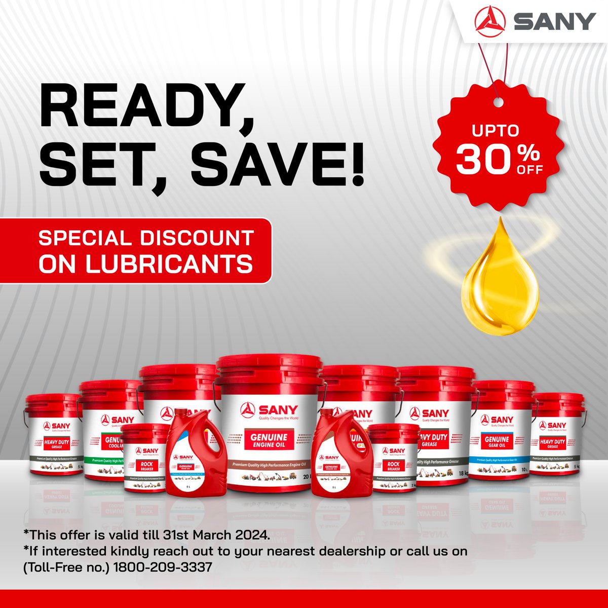 SanyIndia's tweet photo. Gear up for unmatched savings! πͺ Optimize your machine's reliability and experience peak performance and durability with our exclusive 30% markdown on Lubricants this season.
#LubricantsOffer #Lubricant #Sany #SanyIndia #NayeBharatKaNirmata #BuildingWithSany #HeavyEquipment https://t.co/Af6jeIBces