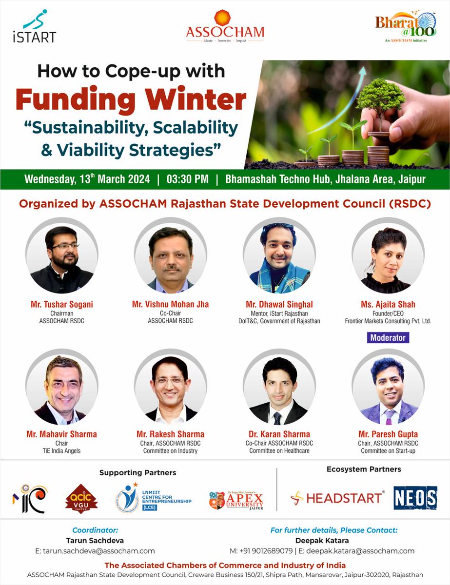 ASSOCHAM4India's tweet photo. We are pleased to invite you to a conference on "How to Cope up with #FundingWinter - #Sustainability, #Scalability, and #ViabilityStrategies" organised by #ASSOCHAM Rajasthan State Development Council (RSDC) in collaboration with iStart Rajasthan & DOIT & C, Government of Rajasthan. This conference aims at providing a platform for bringing together industry leaders, startup founders, venture capitalists, angel investors, ecosystem enablers, incubators, and accelerators, and IT professionals to explore innovative strategies for navigating the funding universe.
๐ March 13, 2024
๐Jaipur
Register Here- https://t.co/Ti42oSkmMQ
@inderojeet,@DoITCRaj,@RajGovOfficial,@sogani_tushar,@Jaipur_Airport,@IndusJaipur,@QuickSmartWash1