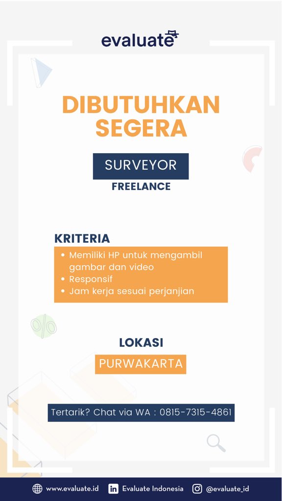 Dibutuhkan : Surveyor SEGERA! ✨

Minat? Yuk Chat ke : 0815-7315-4861

cc @jktkerja <a href="/hrdbacot/">HRD BACOT</a> @mas_recruiter #lokermase #InfoLoker #hrdbacot #loker2024 #lokercot #lokermanokwari #manokwari #infomanokwari